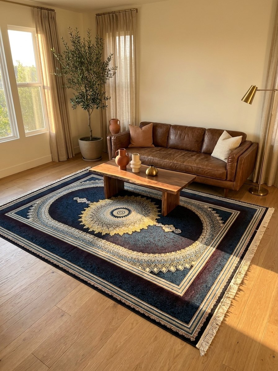 Navy & Burgundy Medallion Persian Rug · 1200 Reeds — size 6.5x10 Feet (200x300 cm) 6Meters shown to scale in a living room — Stylish Rugs & Carpets, Sacramento
