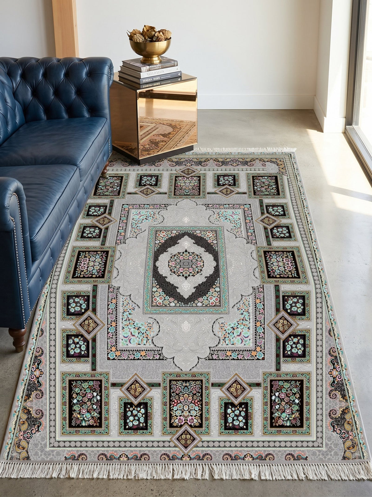 Silver Panel Persian Rug · 1200 Reeds — size 3x6Feet (91x200cm) 2Meters Runner shown to scale in a living room — Stylish Rugs & Carpets, Sacramento