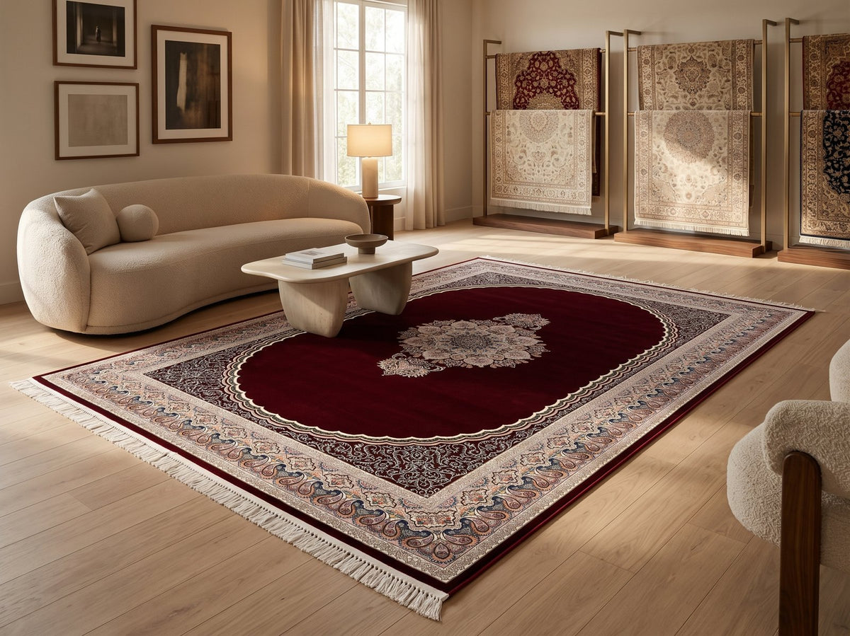 Burgundy Red Medallion Persian Rug · 1200 Reeds — size 3x10Feet (91x300cm) 3Meters Runner shown to scale in a living room — Stylish Rugs & Carpets, Sacramento
