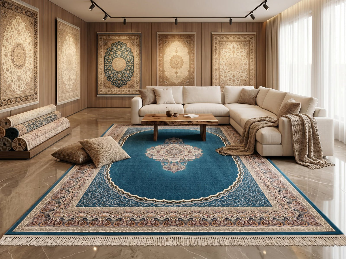 Teal Blue Traditional Medallion Persian Rug · 1200 Reeds styled in a room — Stylish Rugs & Carpets, Sacramento