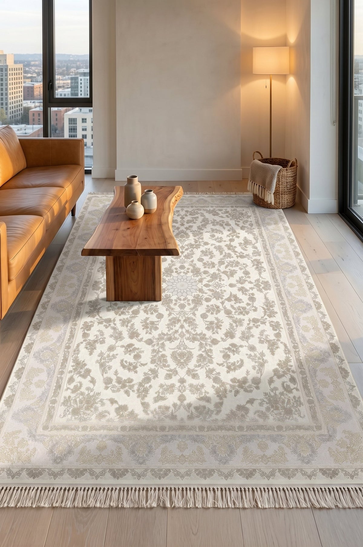 Ivory All-Over Floral Rug - Shadow Art Silk — area rug styled in a room, Stylish Rugs & Carpets, Sacramento