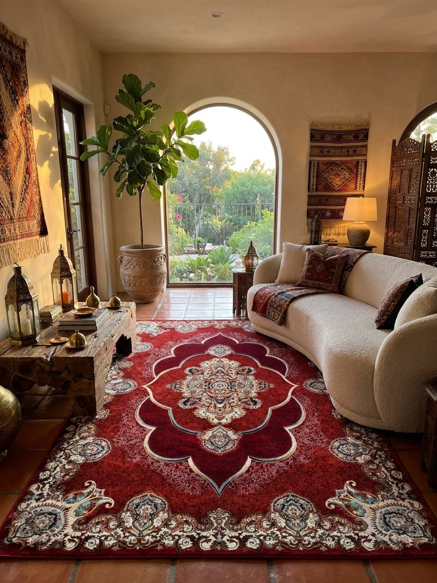 Mafkoor Persian Rug, Red — 1200 Reeds rug styled in a Sacramento home — Stylish Rugs & Carpets
