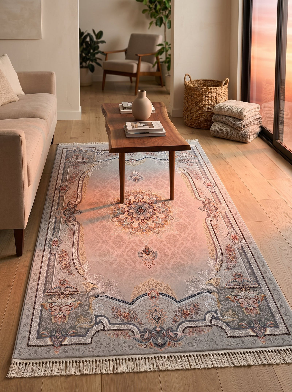 Silver Ornate-Frame Medallion Persian Rug · 1200 Reeds — size 3x6Feet (91x200cm) 2Meters Runner shown to scale in a living room — Stylish Rugs & Carpets, Sacramento