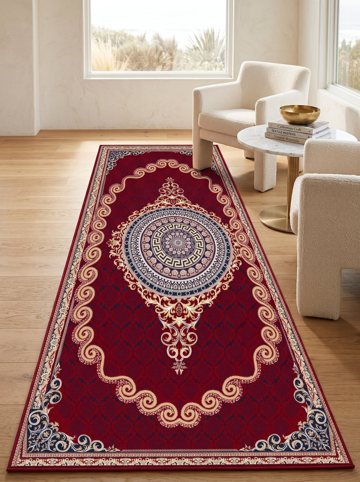 Crimson Red & Gold Scroll Persian Rug · 1200 Reeds — size 3x10Feet (91x300cm) 3Meters Runner shown to scale in a living room — Stylish Rugs & Carpets, Sacramento