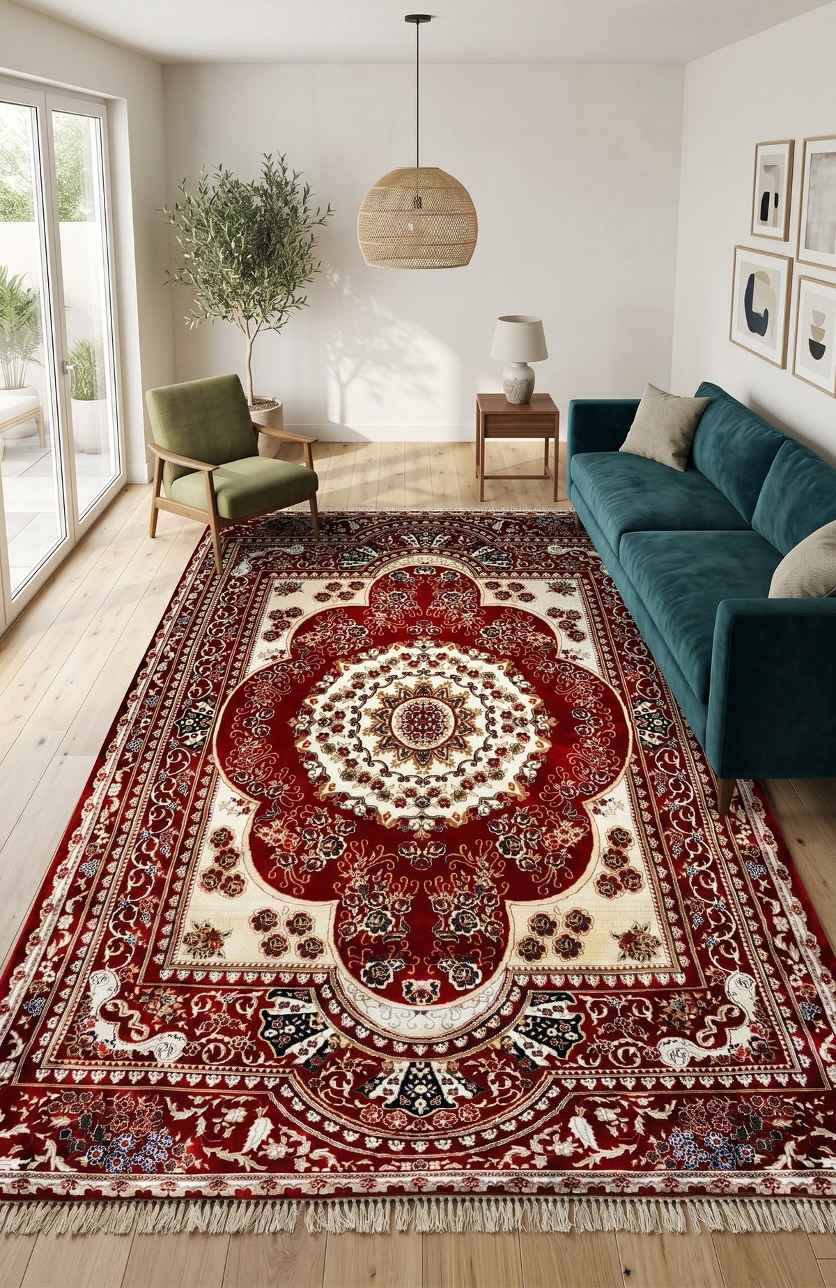 Red & Cream Persian Floral Rug — size 6.5x10 Feet (200x300 cm) shown to scale in a living room — Stylish Rugs & Carpets, Sacramento