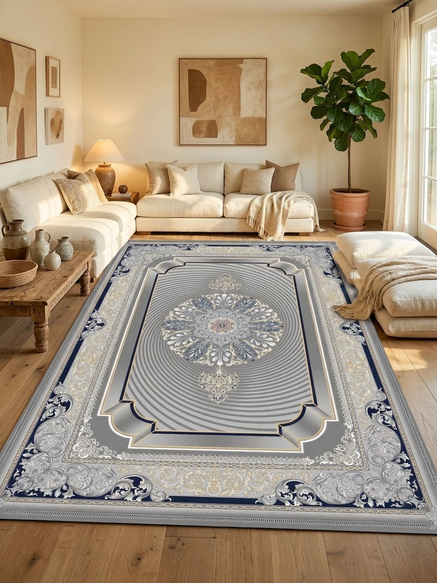 Dark Gray 3D Persian Rug · 1200 Reeds — size 3x13 Feet (91x400 cm) 4Meters Runner shown to scale in a living room — Stylish Rugs & Carpets, Sacramento