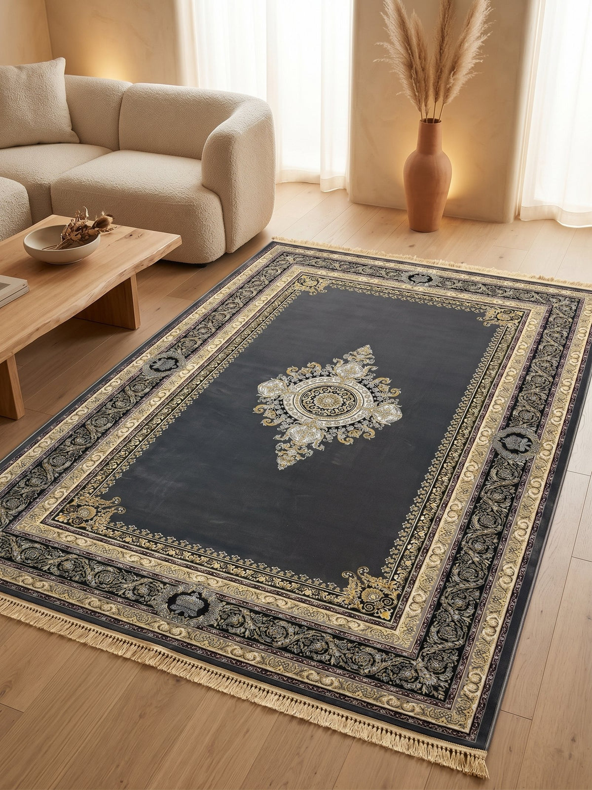 Dark Gray & Gold Darbar Persian Rug styled in a room — Stylish Rugs & Carpets, Sacramento
