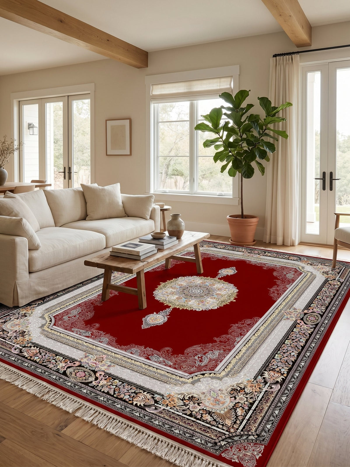 Red Medallion Shah Persian Rug — area rug styled in a room, Stylish Rugs & Carpets, Sacramento