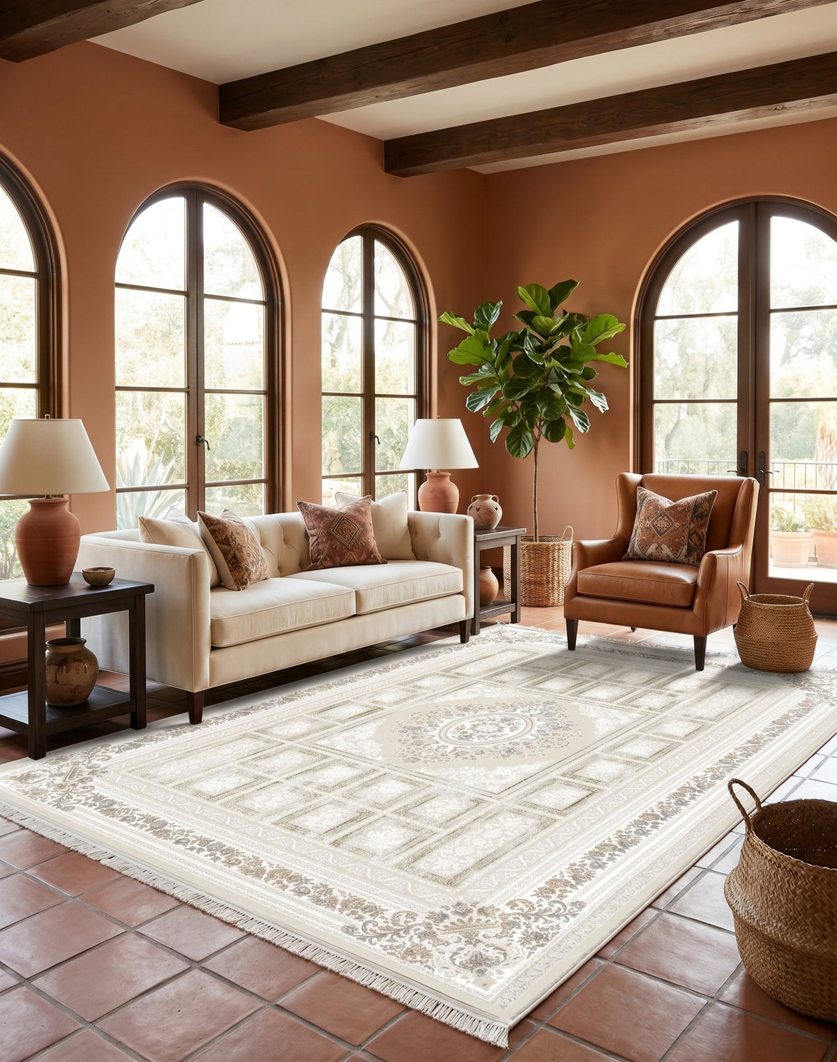 Beige Garden-Panel Turkish Rug — area rug styled in a room, Stylish Rugs & Carpets, Sacramento