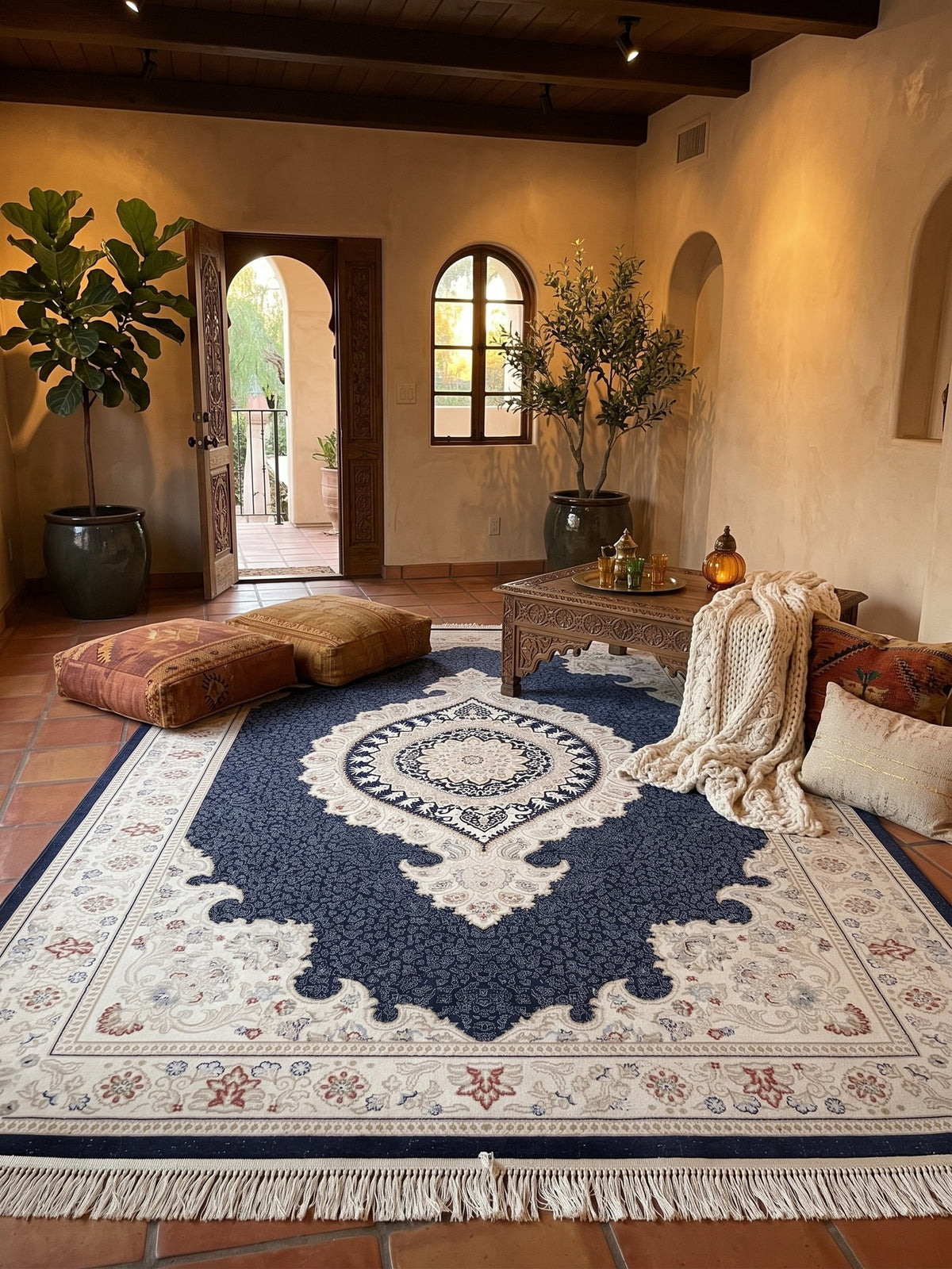 Qom Navy Persian Design Rugs 2 Million Points styled in a room — Stylish Rugs & Carpets, Sacramento