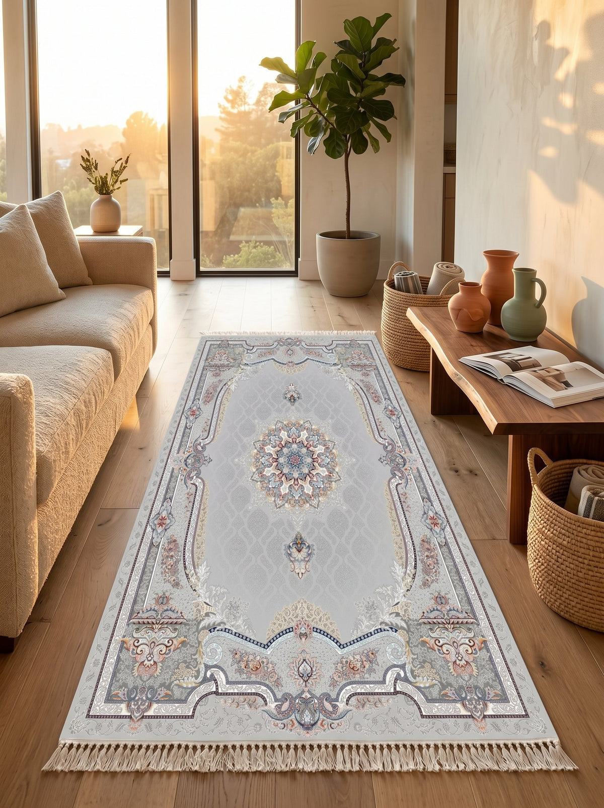 Silver Ornate-Frame Medallion Persian Rug · 1200 Reeds — size 3x10Feet (91x300cm) 3Meters Runner shown to scale in a living room — Stylish Rugs & Carpets, Sacramento