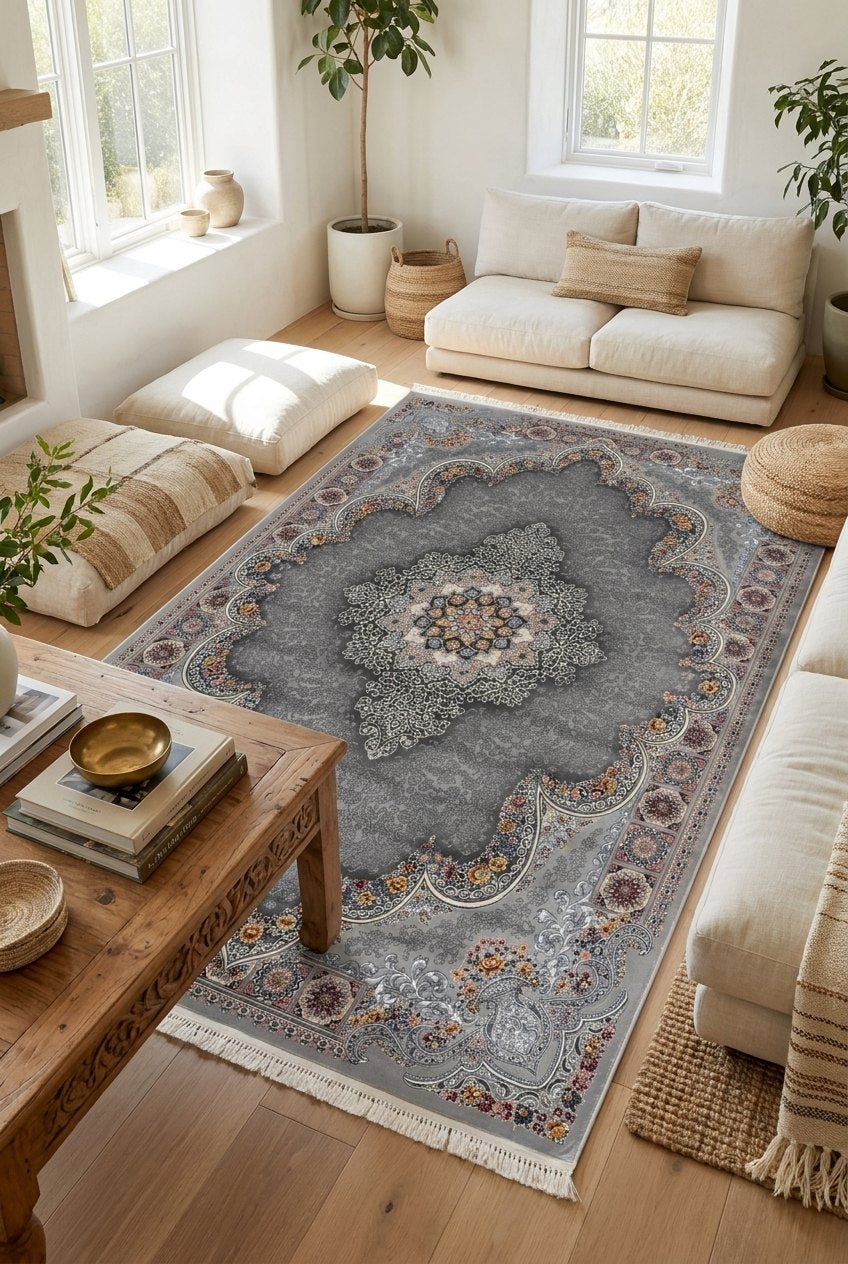 Light Gray Medallion Persian Rug · 1200 Reeds — size 3x10Feet (91x300cm) 3Meters Runner shown to scale in a living room — Stylish Rugs & Carpets, Sacramento