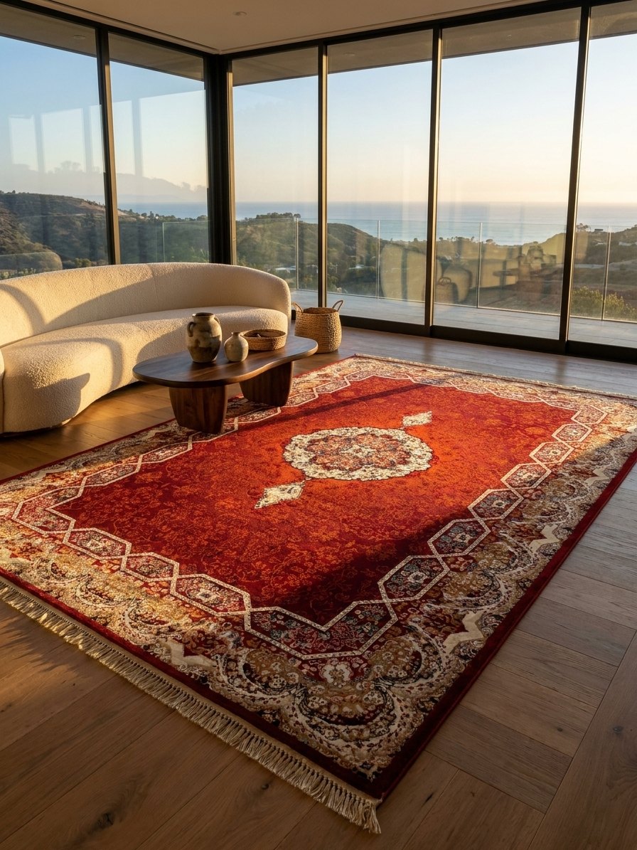 Red Persian Design Rug — 1200 Reeds — area rug styled in a room, Stylish Rugs & Carpets, Sacramento