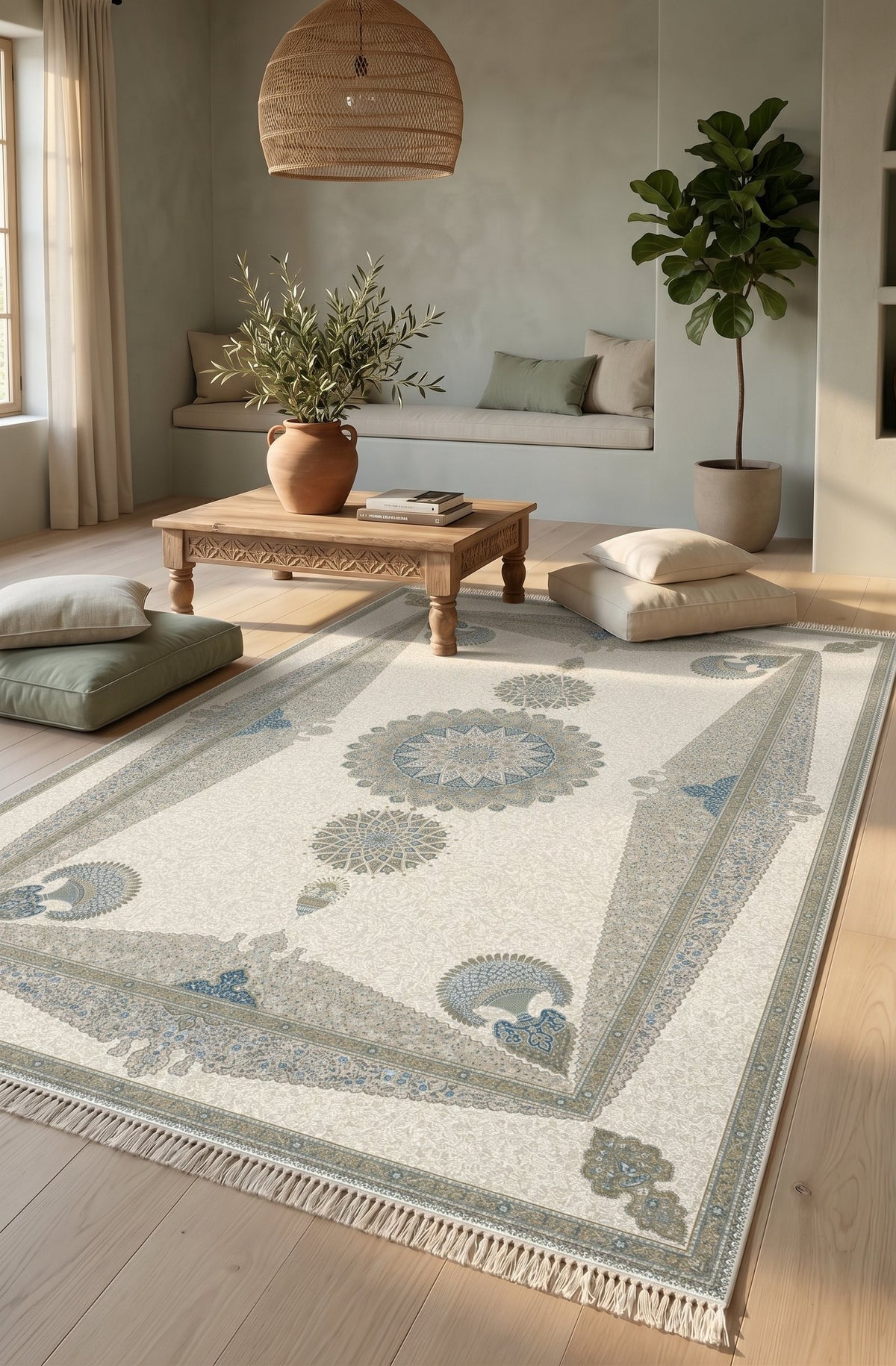 Cream & Teal Roundel Panel Rug - Shadow Art Silk — area rug styled in a room, Stylish Rugs & Carpets, Sacramento