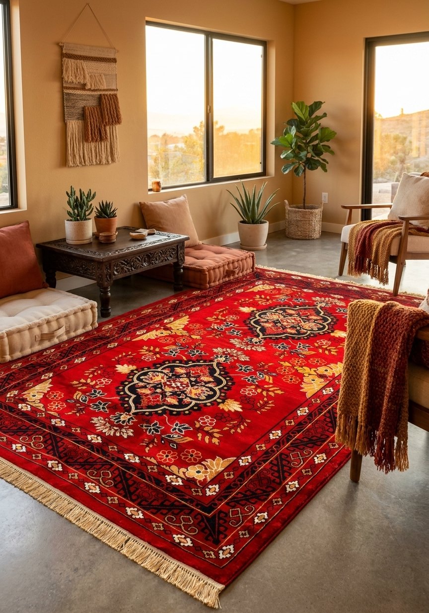 Afghan Red Tribal Persian Rug · 1200 Reeds — area rug styled in a room, Stylish Rugs & Carpets, Sacramento