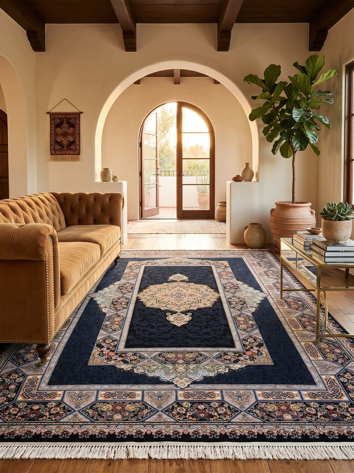 Navy Traditional Medallion Persian Rug · 1200 Reeds styled in a room — Stylish Rugs & Carpets, Sacramento