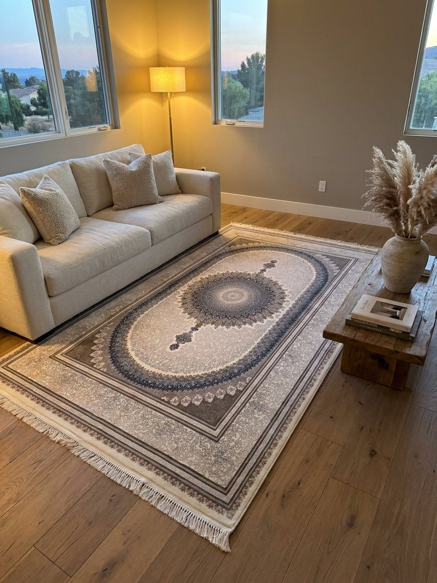 Ivory & Beige Medallion Persian Rug · 1200 Reeds rug styled in a Sacramento home — Stylish Rugs & Carpets