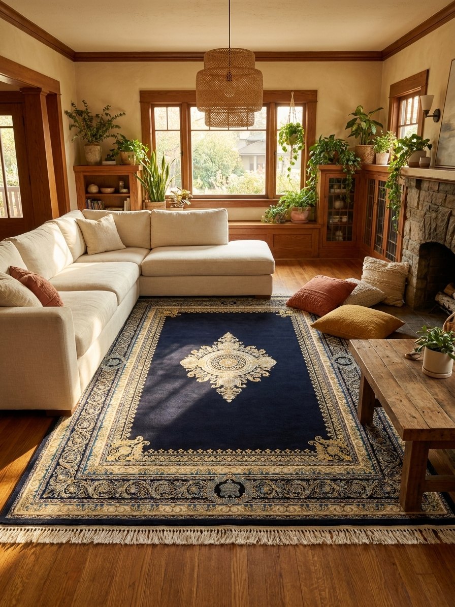 Navy Medallion Persian Rug — area rug styled in a room, Stylish Rugs & Carpets, Sacramento