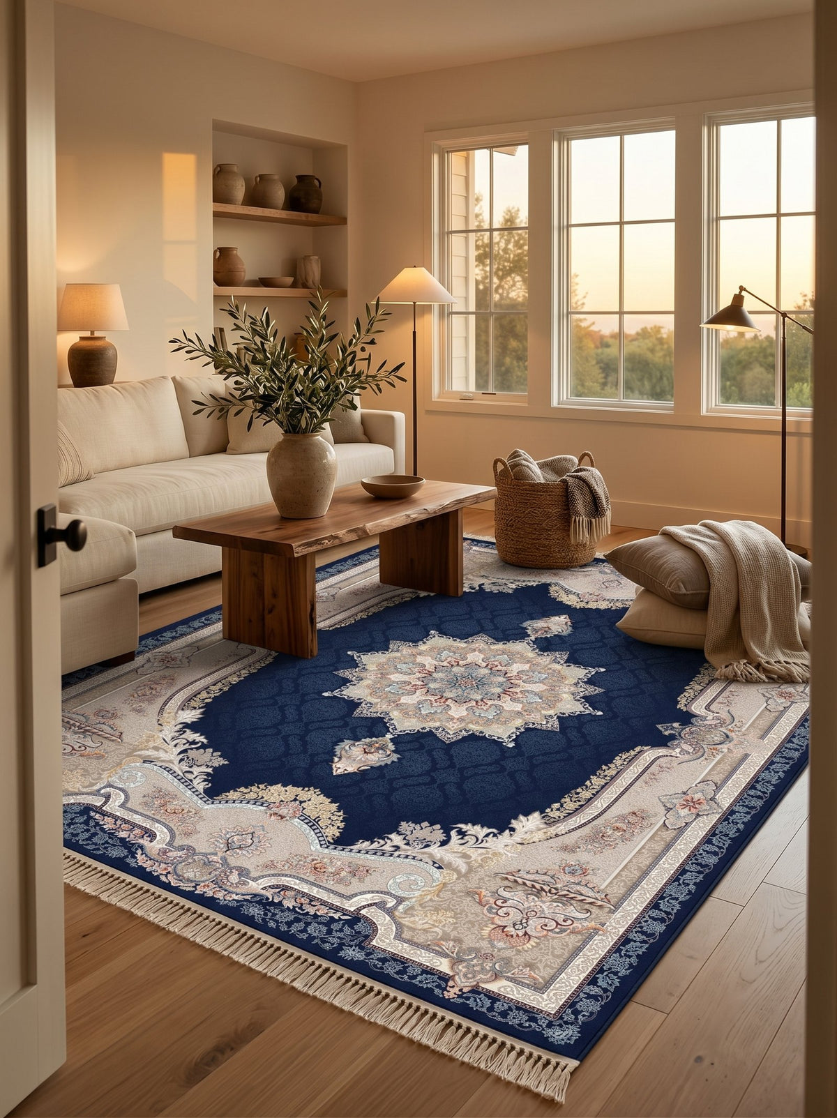Deep Navy Ornate-Frame Persian Rug · 1200 Reeds — size 8.2x11.5 Feet (250x350 cm) 9Meters shown to scale in a living room — Stylish Rugs & Carpets, Sacramento