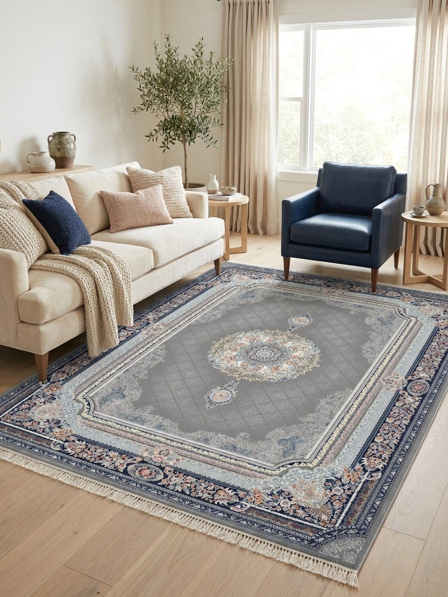 Steel Gray Medallion Persian Rug · 1200 Reeds rug styled in a Sacramento home — Stylish Rugs & Carpets