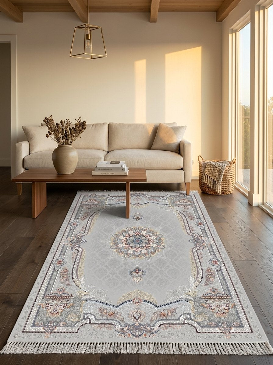 Silver Medallion Persian Rug · 1200 Reeds — size 3x6Feet (91x200cm) 2Meters Runner shown to scale in a living room — Stylish Rugs & Carpets, Sacramento