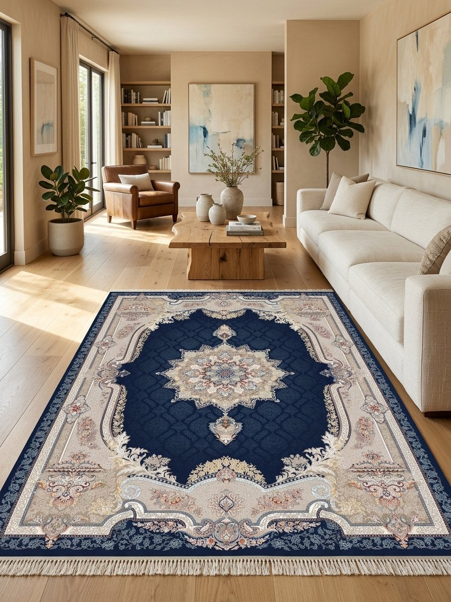 Navy Medallion Persian Rug · 1200 Reeds — size 10x13 Feet (300x400 cm) 12Meters shown to scale in a living room — Stylish Rugs & Carpets, Sacramento