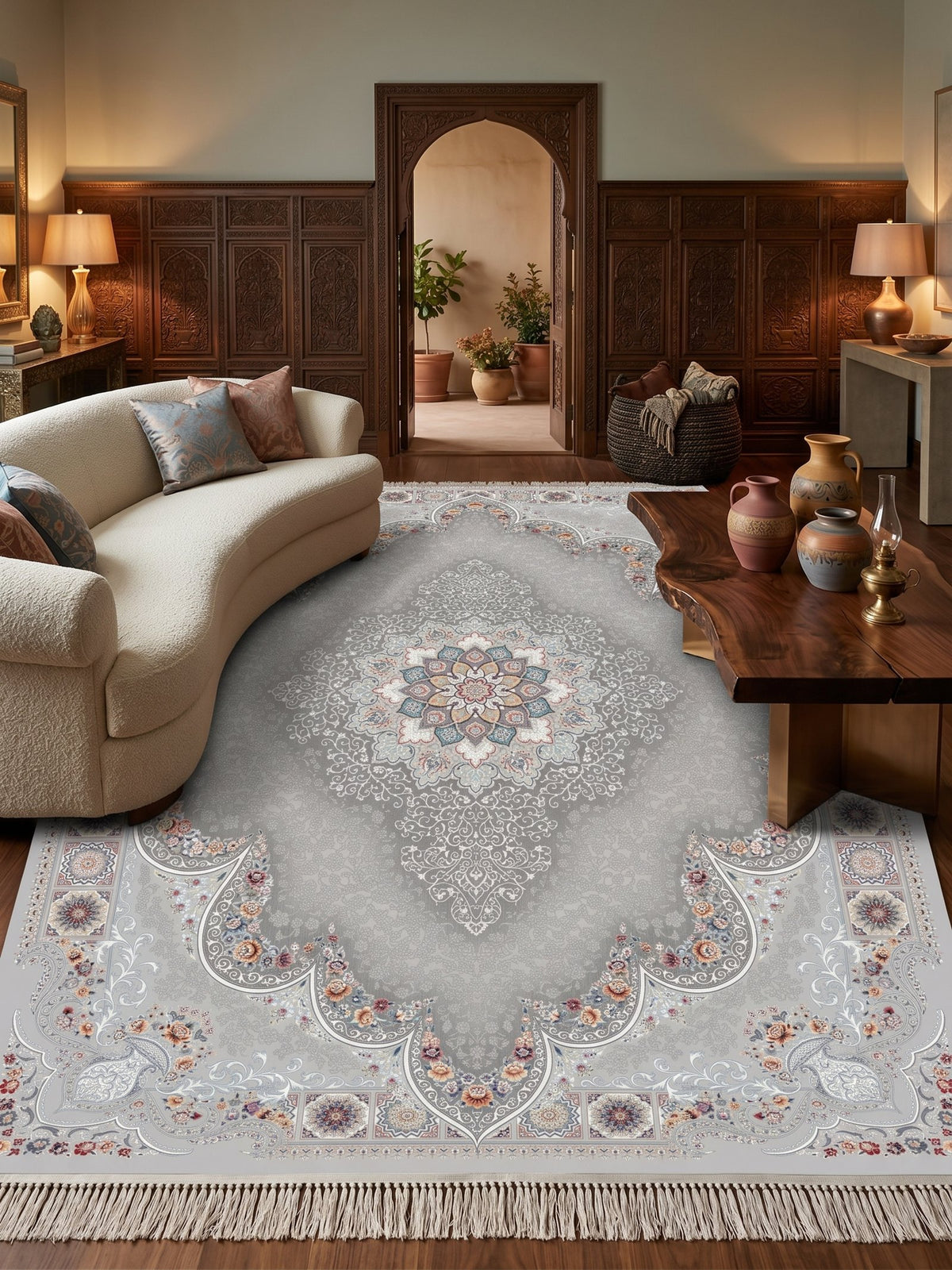 Light Gray Ornate Arch Medallion Persian Rug · 1200 Reeds styled in a room — Stylish Rugs & Carpets, Sacramento