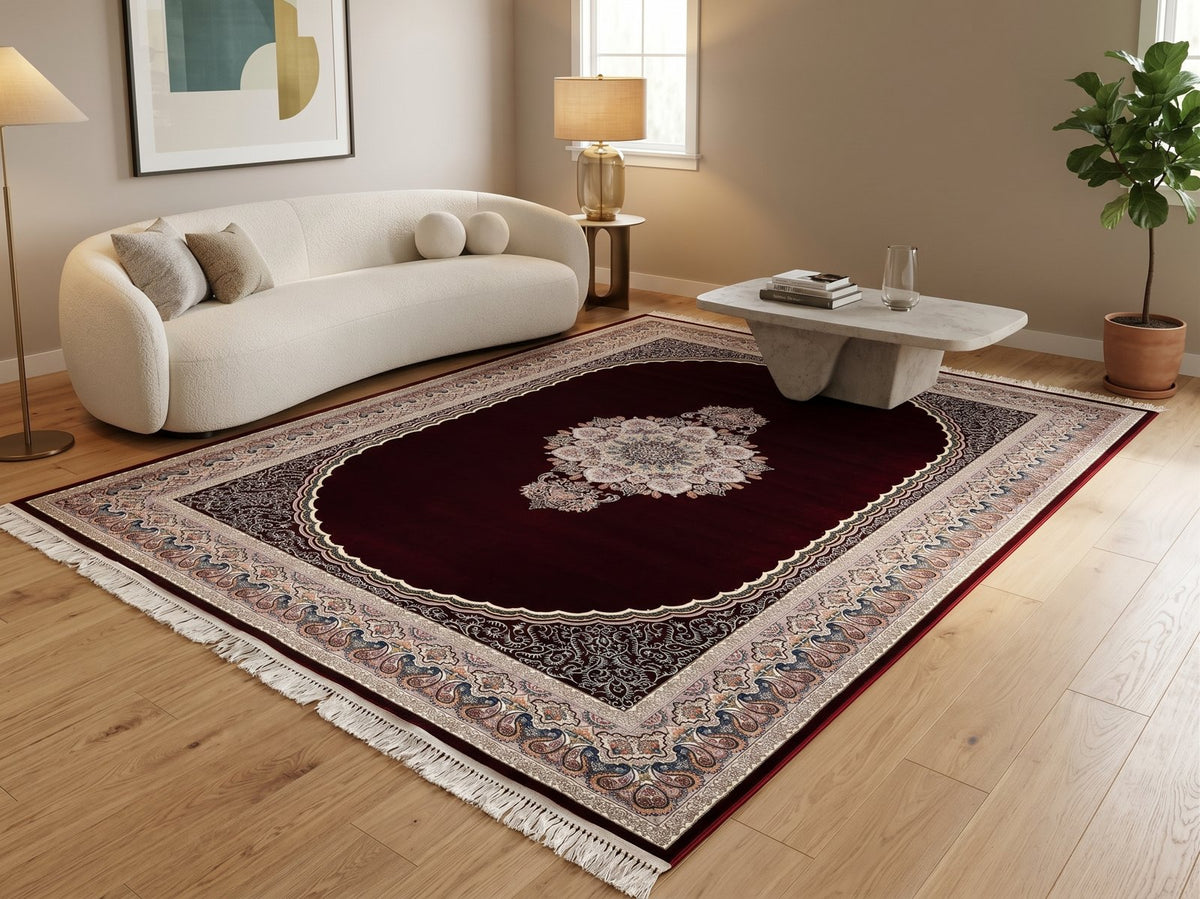 Burgundy Red Medallion Persian Rug · 1200 Reeds — size 10x13 Feet (300x400 cm) 12Meters shown to scale in a living room — Stylish Rugs & Carpets, Sacramento