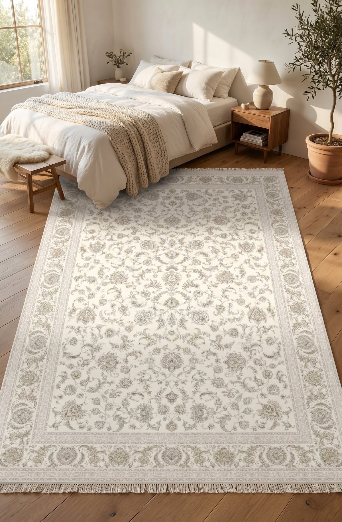 Ivory Delicate Floral Rug - Shadow Art Silk — area rug styled in a room, Stylish Rugs & Carpets, Sacramento