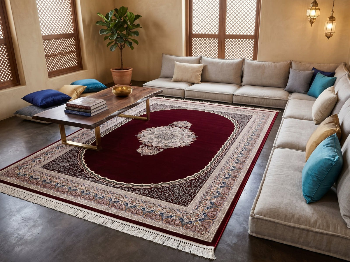 Burgundy Red Medallion Persian Rug · 1200 Reeds styled in a room — Stylish Rugs & Carpets, Sacramento