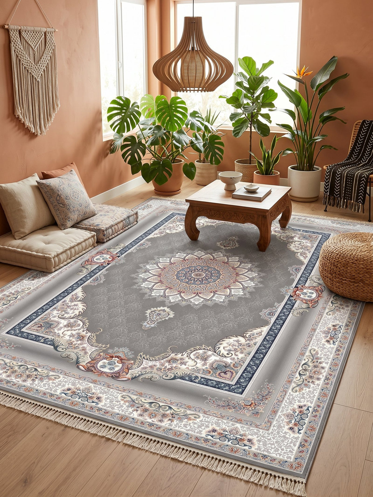 Silver Royal Medallion Persian Rug · 1200 Reeds styled in a room — Stylish Rugs & Carpets, Sacramento
