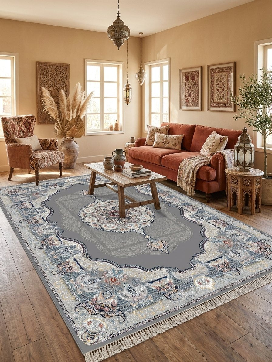 Dark Gray Medallion Persian Rug · 1200 Reeds rug styled in a Sacramento home — Stylish Rugs & Carpets