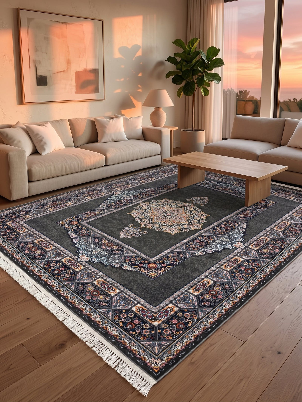 Dark Gray Traditional Medallion Persian Rug · 1200 Reeds — size 3x6Feet (91x200cm) 2Meters Runner shown to scale in a living room — Stylish Rugs & Carpets, Sacramento