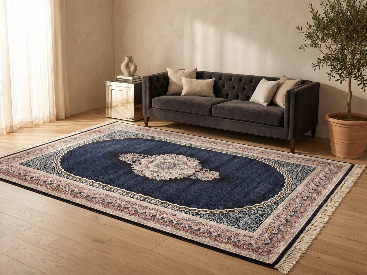 Navy Blue Traditional Persian Rug · 1200 Reeds — size 8.2x11.5 Feet (250x350 cm) 9Meters shown to scale in a living room — Stylish Rugs & Carpets, Sacramento