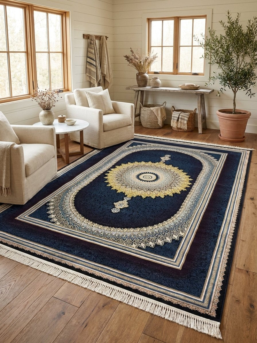 Navy & Burgundy Medallion Persian Rug · 1200 Reeds rug styled in a Sacramento home — Stylish Rugs & Carpets