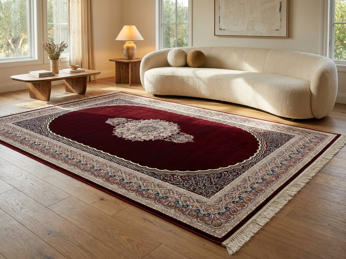 Burgundy Medallion Persian Rug · 1200 Reeds — size 10x13 Feet (300x400 cm) 12Meters shown to scale in a living room — Stylish Rugs & Carpets, Sacramento