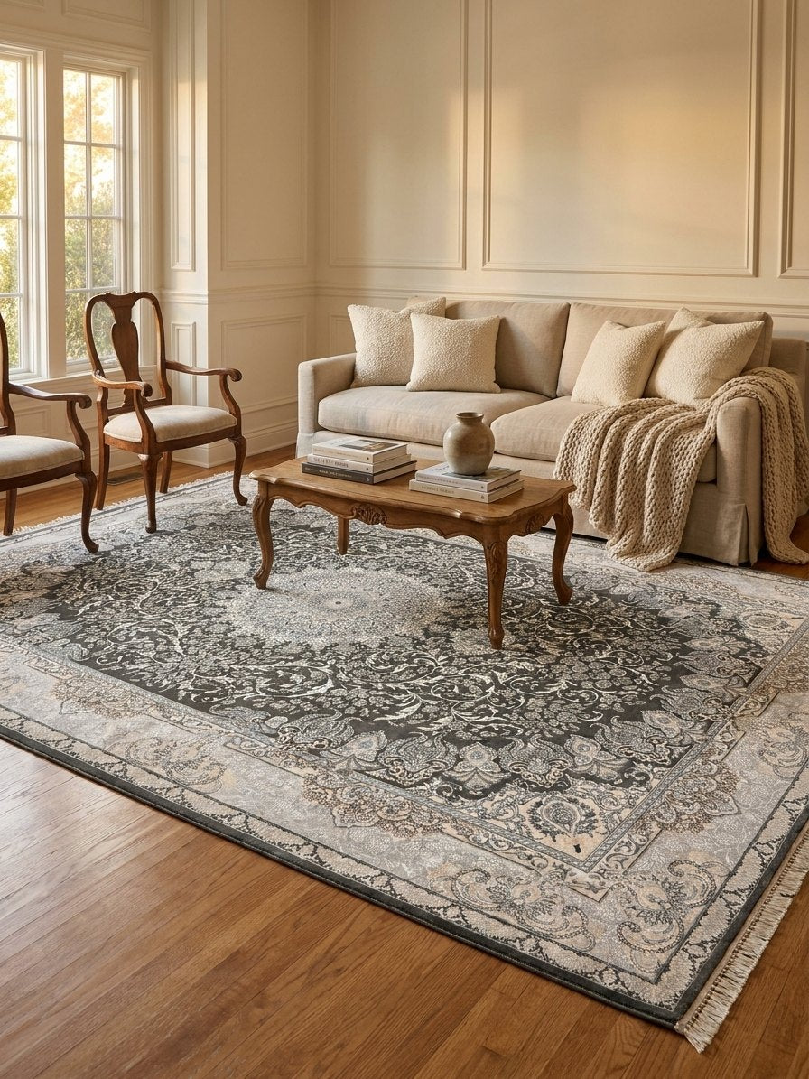Dark Gray Floral Turkish Rug rug styled in a Sacramento home — Stylish Rugs & Carpets