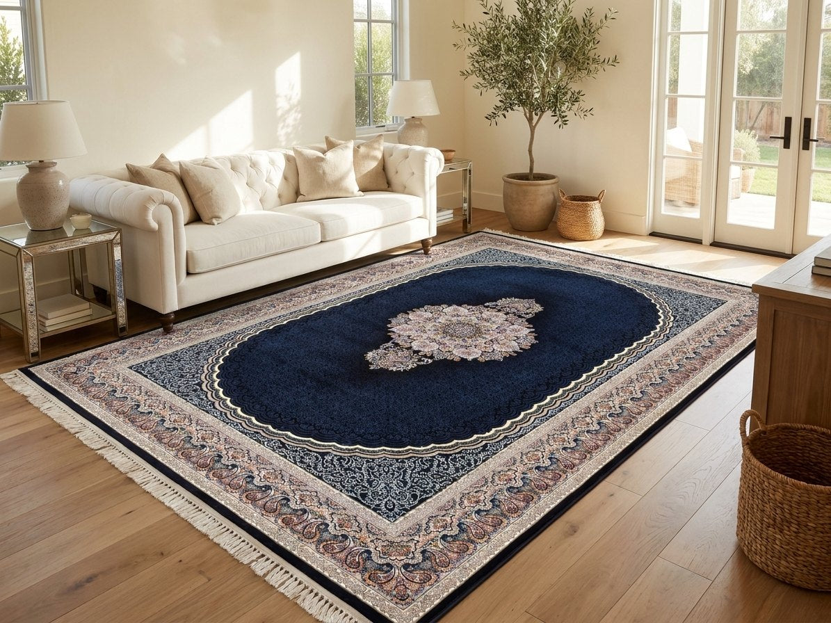 Navy Medallion Persian Rug · 1200 Reeds — size 3x6Feet (91x200cm) 2Meters Runner shown to scale in a living room — Stylish Rugs & Carpets, Sacramento