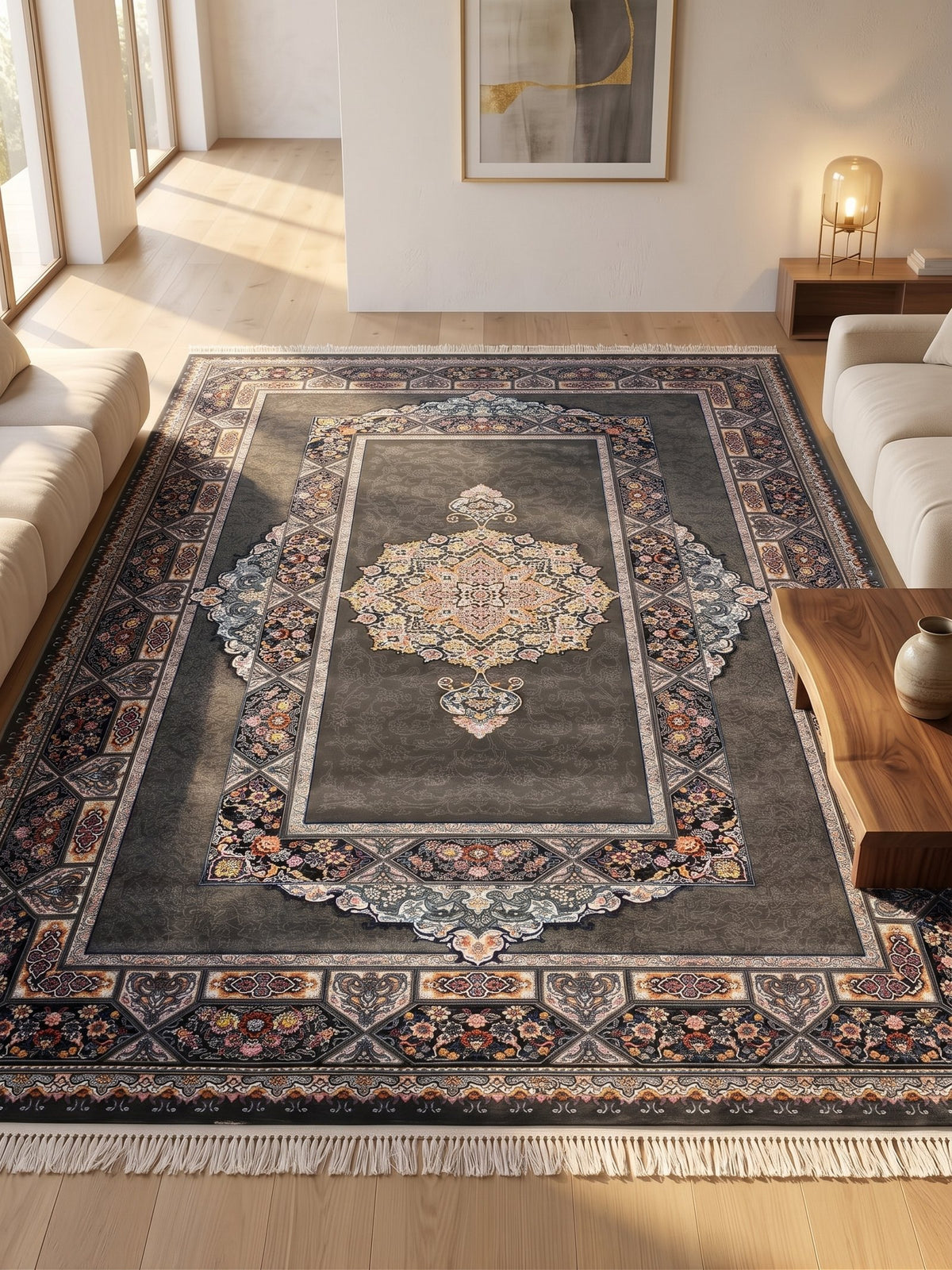 Dark Gray Traditional Medallion Persian Rug · 1200 Reeds — size 8.2x11.5 Feet (250x350 cm) 9Meters shown to scale in a living room — Stylish Rugs & Carpets, Sacramento