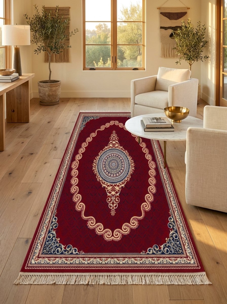 Red & Gold Scroll Persian Rug · 1200 Reeds — size 3x13 Feet (91x400 cm) 4Meters Runner shown to scale in a living room — Stylish Rugs & Carpets, Sacramento