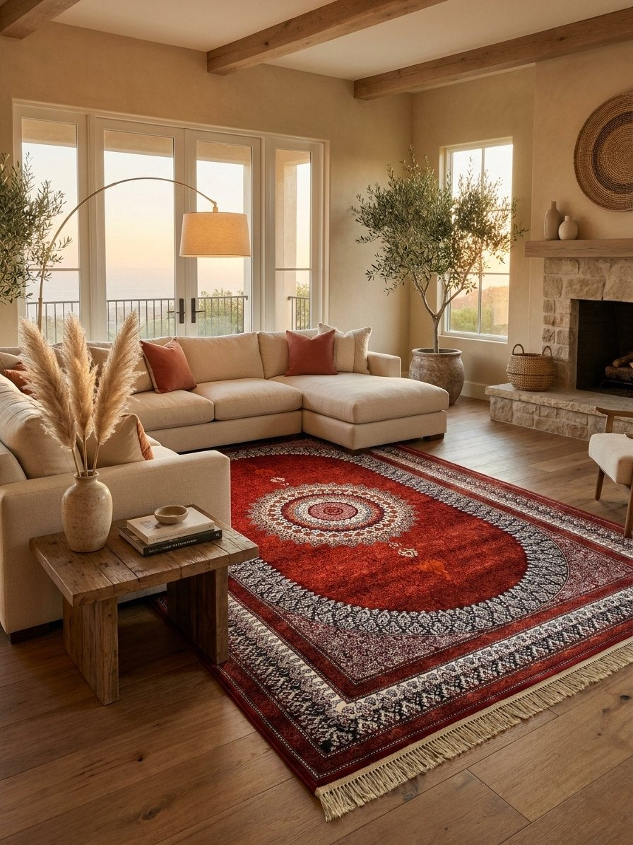 Luxury Red Persian Rug — 1200 Reeds — area rug styled in a room, Stylish Rugs & Carpets, Sacramento