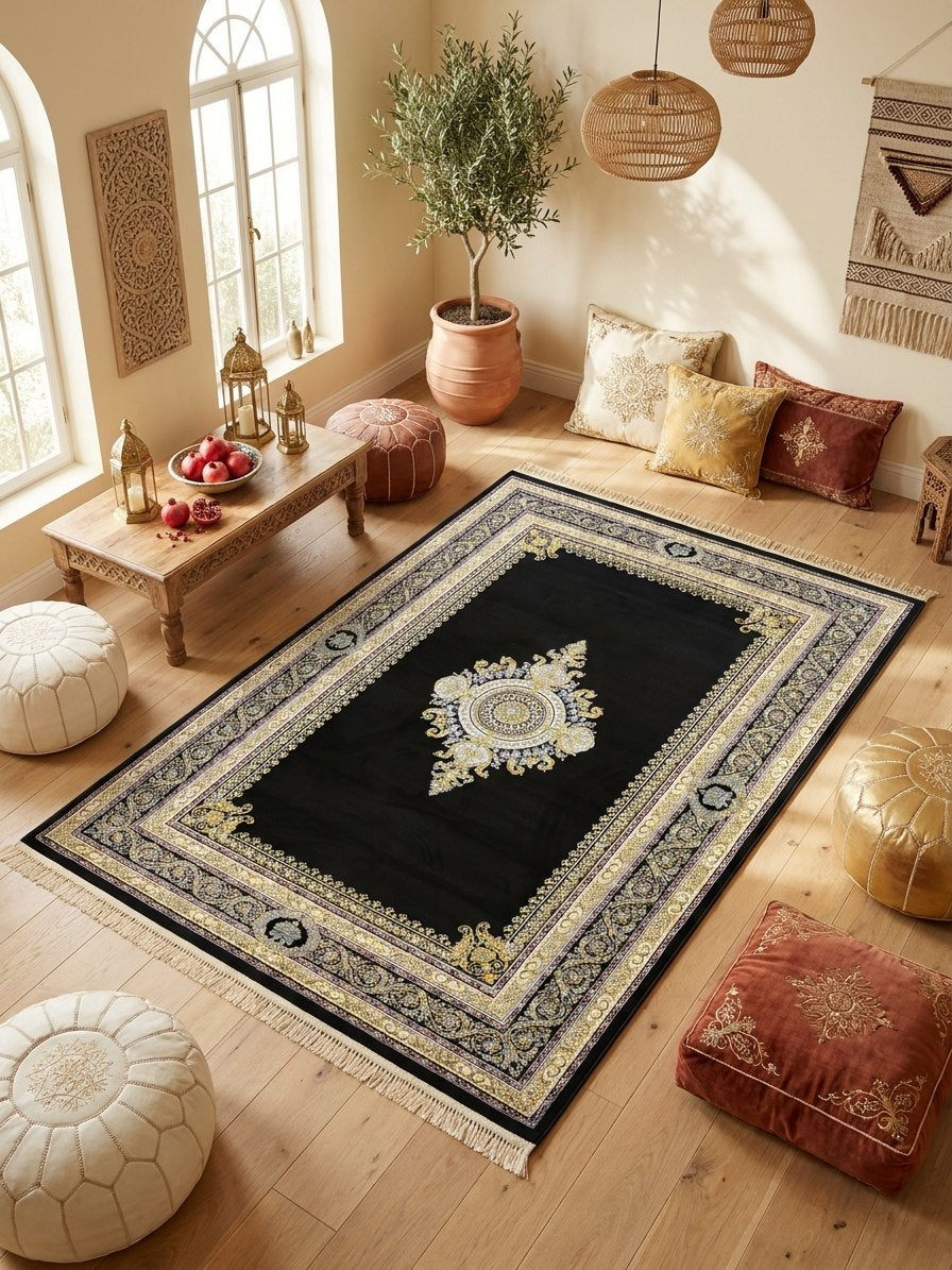 Gold Medallion Darbar Persian Rug rug styled in a Sacramento home — Stylish Rugs & Carpets