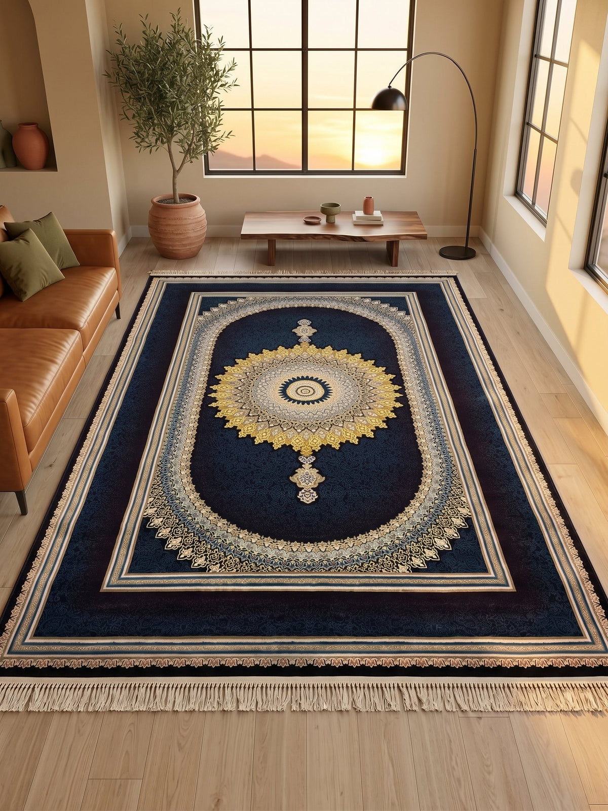 Navy & Burgundy Medallion Persian Rug · 1200 Reeds — size 10x13 Feet (300x400 cm) 12Meters shown to scale in a living room — Stylish Rugs & Carpets, Sacramento