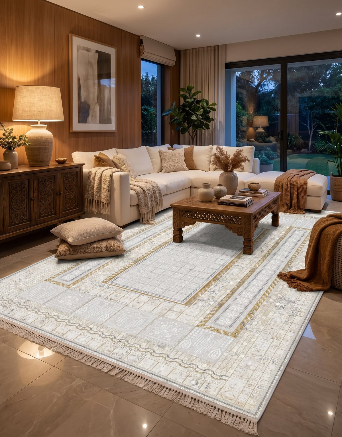 Light Gray Mosaic-Tile Panel Turkish Rug — area rug styled in a room, Stylish Rugs & Carpets, Sacramento