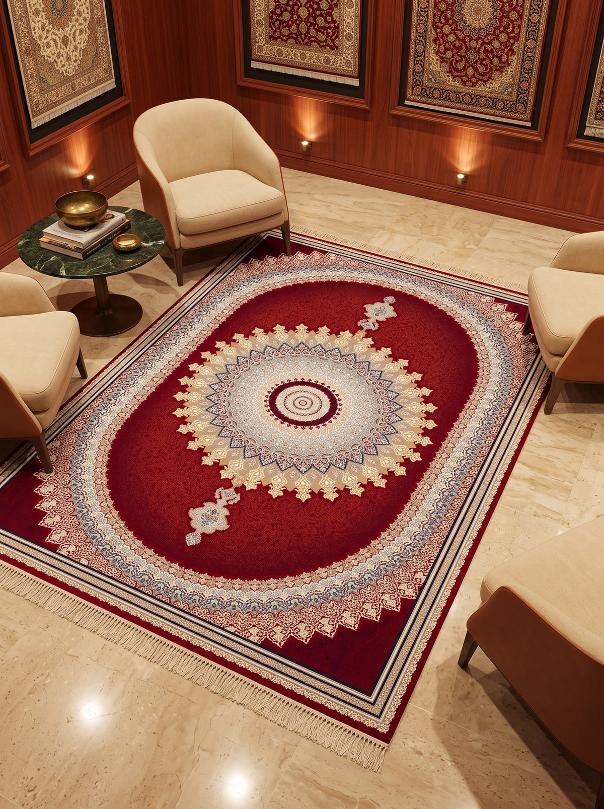 Royal Red Medallion Persian Rug · 1200 Reeds styled in a room — Stylish Rugs & Carpets, Sacramento
