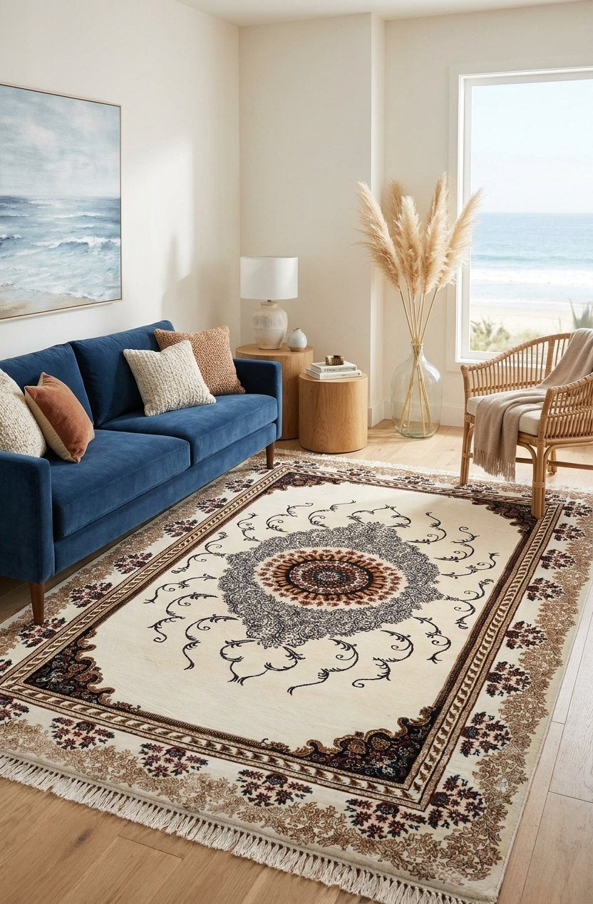 Luxury Cream Turkish Rug — 1.5M Points — area rug styled in a room, Stylish Rugs & Carpets, Sacramento