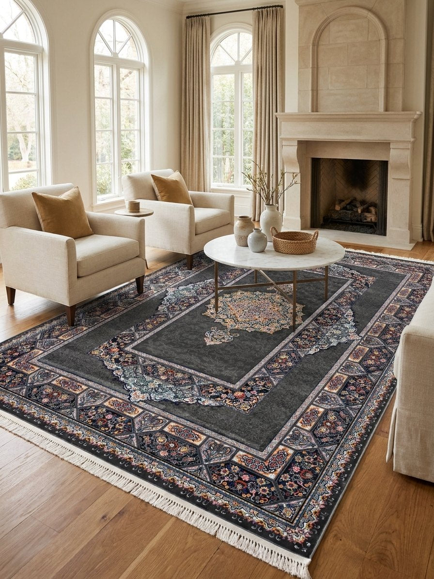 Dark Gray Medallion Persian Rug · 1200 Reeds rug styled in a Sacramento home — Stylish Rugs & Carpets