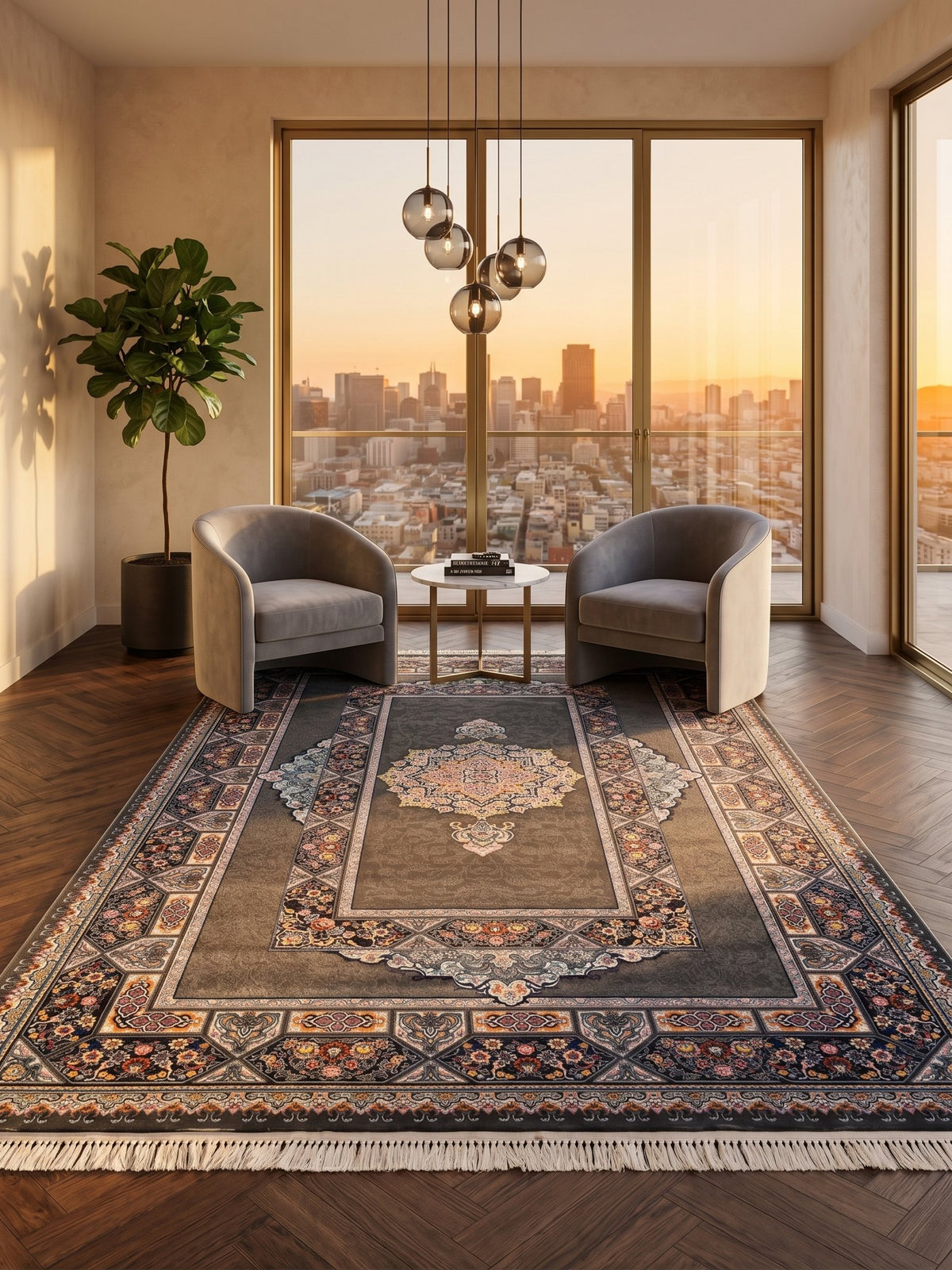 Dark Gray Traditional Medallion Persian Rug · 1200 Reeds styled in a room — Stylish Rugs & Carpets, Sacramento