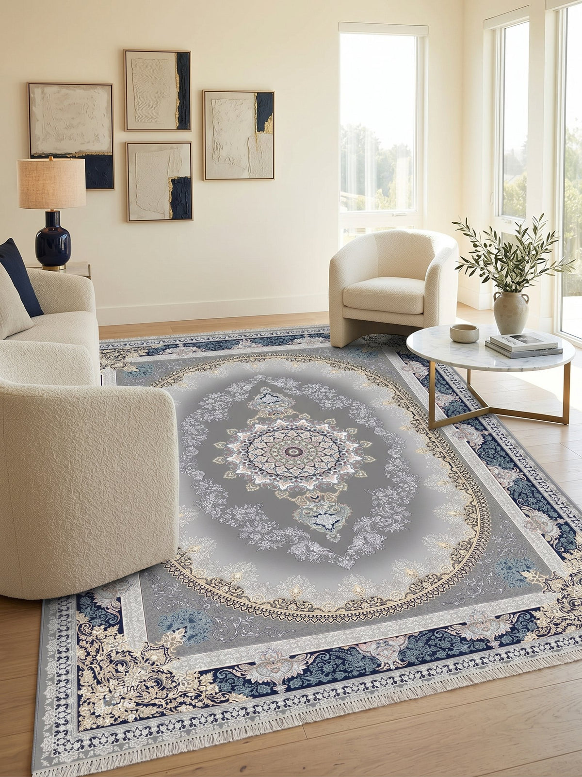 Navy-Border Oval Medallion Persian Rug · 1200 Reeds — size 6.5x10 Feet (200x300 cm) 6Meters shown to scale in a living room — Stylish Rugs & Carpets, Sacramento