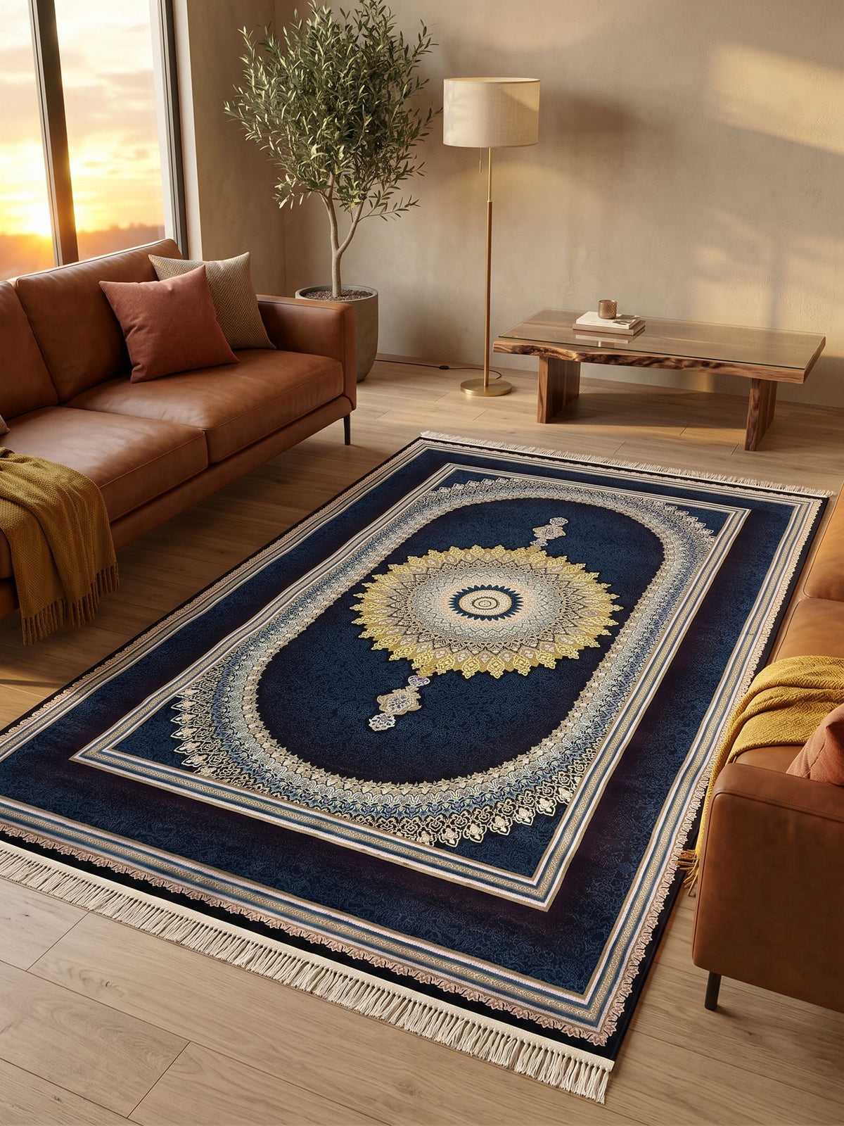 Navy & Burgundy Medallion Persian Rug · 1200 Reeds — size 3x6 Feet (91x200) 2Meters Runner shown to scale in a living room — Stylish Rugs & Carpets, Sacramento